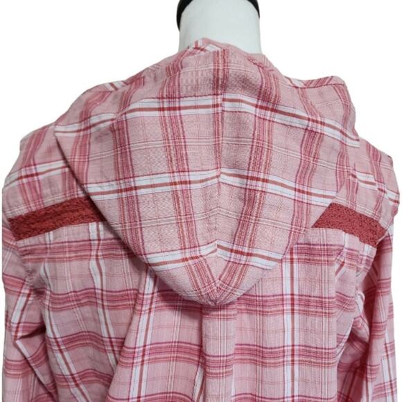 Prana Anja Button Up Hooded Popover Long Sleeve Pink Plaid Size M - Picture 5 of 11
